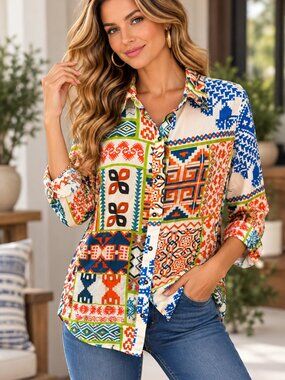 Avani Del Amour S Multicolor Patchwork Button Down Shirt Boho Folk Geometric